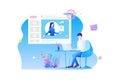 Online training flat design. a man`s character is sitting at desk studying online with online course and online examination