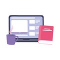 Online training, laptop homework book and coffee cup, education and courses learning digital