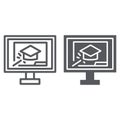 Online training line and glyph icon, education and study, graduation cap and laptop sign, vector graphics, a linear Royalty Free Stock Photo