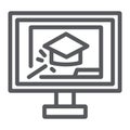 Online training line icon, education and study, graduation cap and laptop sign, vector graphics, a linear pattern on a Royalty Free Stock Photo