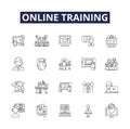 Online training line vector icons and signs. Webinars, Courses, Tutorials, Seminars, Workshops, Lectures, Certifications Royalty Free Stock Photo