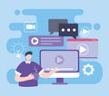 Online training, man with computer video class, education and courses learning digital