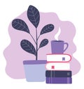 Online training, stack of books coffee cup and plant, education and courses learning digital