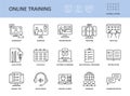 Online training vector icons. Set with editable stroke. Workshop practice guide instruction. Calendar schedule education seminar