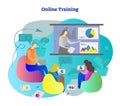 Online training vector illustration. Students learning education from teacher presentation. Streaming and lecture from distance