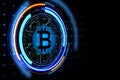 Online transaction and technological network concept with perspective view on digital bitcoin with circuit in a circle on dark