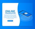 Online translator concept isometric vector illustration. Smartphone with flags of different states and world map on the screen Royalty Free Stock Photo