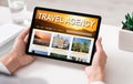 Online Travel Agency Website Opened On Digital Tablet In Female Hands Royalty Free Stock Photo