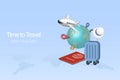 Online travel, online booking concept. Airplane flying with luggage and passport. Reservation flight ticket, traveling by airplane Royalty Free Stock Photo