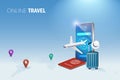 Online travel, online booking concept. Airplane flying from smartphone app with pin point on world map. Reservation flight ticket Royalty Free Stock Photo