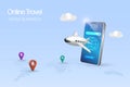 Online travel, online booking concept. Airplane flying from smartphone app. Reservation flight ticket, traveling by airplane to Royalty Free Stock Photo