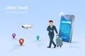 Online travel, business trip concept. Businessman walking, carrying luggage and checking time at watch with smartphone and Royalty Free Stock Photo