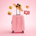 Online Travel Holiday Concept. Pink Suitcase Emoji 3D Rendering