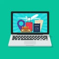 Online travel trip on computer vector or journey vocation flight on laptop screen concept flat cartoon illustration, digital pc Royalty Free Stock Photo