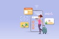 Online travel, trip and tourist concept. Woman backpacker holding camera, carrying luggage enjoy her trip with online smart