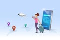 Online travel, trip and tourist concept. Woman backpacker holding camera, carrying luggage enjoy her trip with online smart
