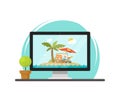 Online travel via computer vector illustration, concept of on-line trip and journey booking via pc, flat cartoon