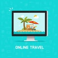 Online travel via computer vector illustration, concept of planning on-line trip or journey booking via pc, flat cartoon Royalty Free Stock Photo