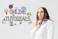 Online tutorials concept - girl on a white background with text and icons, smartphone