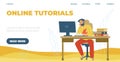 Online tutorials website with man in learning process, flat vector illustration.