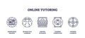 Online tutoring icons outline concepts like knowledge sharing, interactive learning, ...