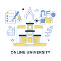Online university flat outline vector concept
