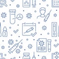 Online Vaccine seamless pattern. Vector background included line icons as rapid test kit, medical syringe, injection