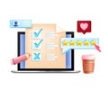 Online vector survey, internet feedback, digital questionnaire form concept, laptop screen, stars.