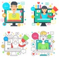 Online video blog design square concepts set with male and female blogger vector illustration.