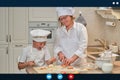 Online video call, cooking recipes in an internet blog. Online conference of chefs and training of bloggers in home kitchen Royalty Free Stock Photo