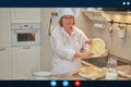 Online video call, cooking recipes in an internet blog. Online conference of chefs and training of bloggers in home kitchen Royalty Free Stock Photo