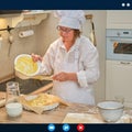 Online video call, cooking recipes in an internet blog. Online conference of chefs and training of bloggers in home kitchen Royalty Free Stock Photo