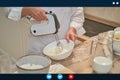 Online video call, cooking recipes in an internet blog. Online conference of chefs and training of bloggers in home kitchen Royalty Free Stock Photo