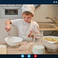 Online video call, cooking recipes in an internet blog. Online conference of chefs and training of bloggers in home kitchen Royalty Free Stock Photo