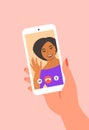 Online video call by smartphone flat illustration