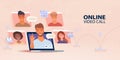 Online video conference call banner. Using laptop computer connecting together with people. Royalty Free Stock Photo