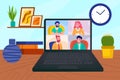 Online video conference at laptop screen, business communication by internet call vector illustration. Team people and Royalty Free Stock Photo