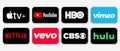 Online video service buttons set: Youtube, Netflix, HBO, Vimeo, Apple TV +, Hulu, CBS, Vevo. Buttons with realistic shadow.