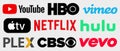 Online video service icons set. Youtube, Netflix, HBO, vimeo, Apple TV, Hulu, Plex, CBS, Vevo. Streaming service. Editorial vector