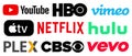 Online video service icons set. Youtube, Netflix, HBO, vimeo, Apple TV, Hulu, Plex, CBS, Vevo. Streaming service. Editorial vector Royalty Free Stock Photo