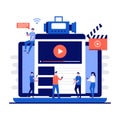 Online video stream concept with tiny character. People streaming web film, tv movies, live social media flat illustration. Royalty Free Stock Photo