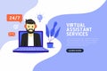 Online virtual assistant services banner flat design. Royalty Free Stock Photo