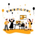Online virtual graduation ceremony. A scholar celebrate at home during quarantine together with family or friend flat vector illus