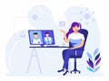 Online virtual video meeting. A woman chatting with friends in a group through a monitor. Vector illustrations for video Royalty Free Stock Photo