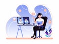Online virtual video meeting. woman chatting with friends in a group through a monitor. Vector illustrations for video Royalty Free Stock Photo