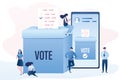 Online vote concept. Group of people use mobile phones. Big Smartphone and ballot box. Referendum or election background Royalty Free Stock Photo