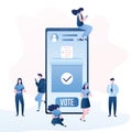 Online vote concept. Group of people use mobile phones. Big Smartphone and ballot box on screen. Referendum or election background Royalty Free Stock Photo