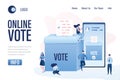 Online vote landing page template. Group of people use mobile phones. Big Smartphone and ballot box Royalty Free Stock Photo