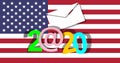 Email symbol and electoral envelope inserted in the number 2020. Poster referring to voting. Presidential elections of the United