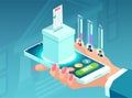 Online voting concept. Isometric vector of a man hand holding a smartphone with ballot box